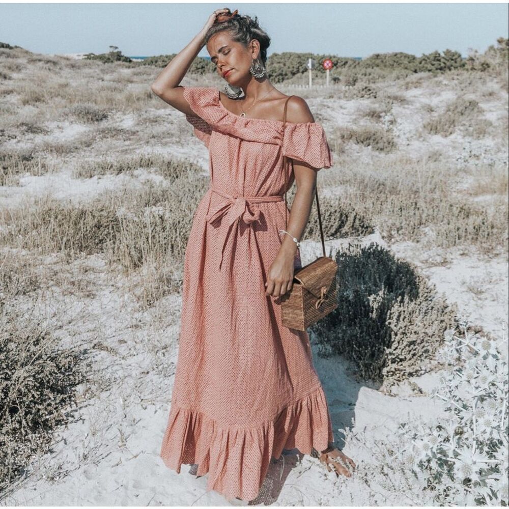 Marysia Resort Pink Scalloped Off Shoulder Midi Dress Small Ruffle Cottagecore